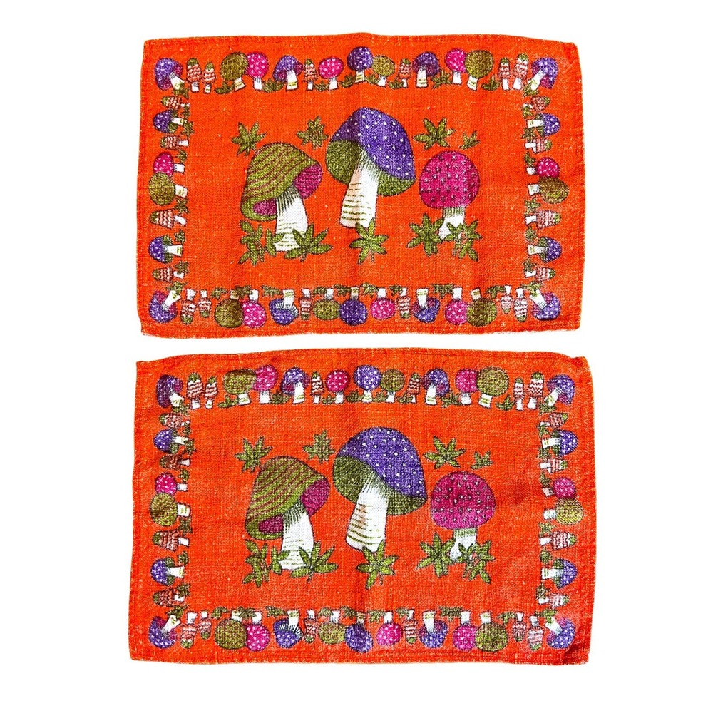 Vintage Orange Psychedelic Mushroom Place Mats Set of 2 Cloth Retro 1970s Rare